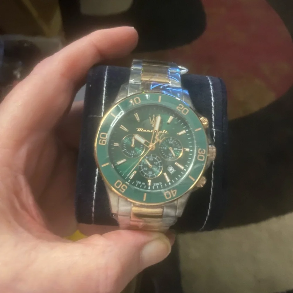 New 2026 Maserati Green and Silver Watch with Gold Accents